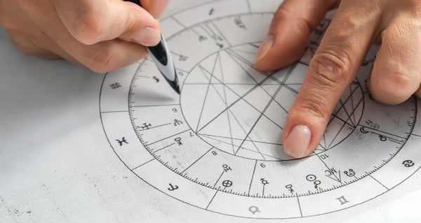 Hands reviewing and marking an astrology business birth chart