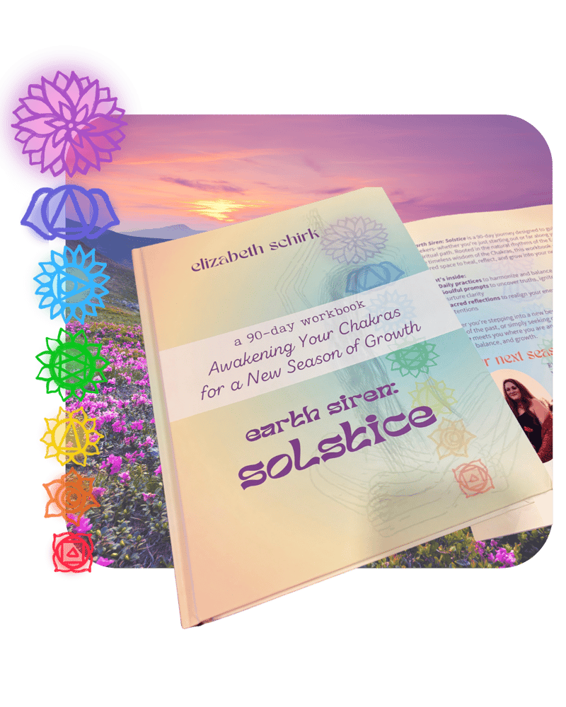 Cover of the book "Earth Siren: Solstice" by Elizabeth Schirk, a 90-day chakra workbook placed over a sunset field with rainbow chakra symbols along the side. Cover of the book "Earth Siren: Solstice" by Elizabeth Schirk, a 90-day chakra workbook placed over a sunset field with rainbow chakra symbols along the side.