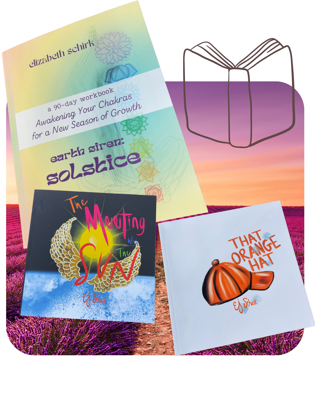 Three books by Elizabeth Schirk: Earth Siren: Solstice chakra workbook, Children's Books That Orange Hat, and The Meeting With the Sun.