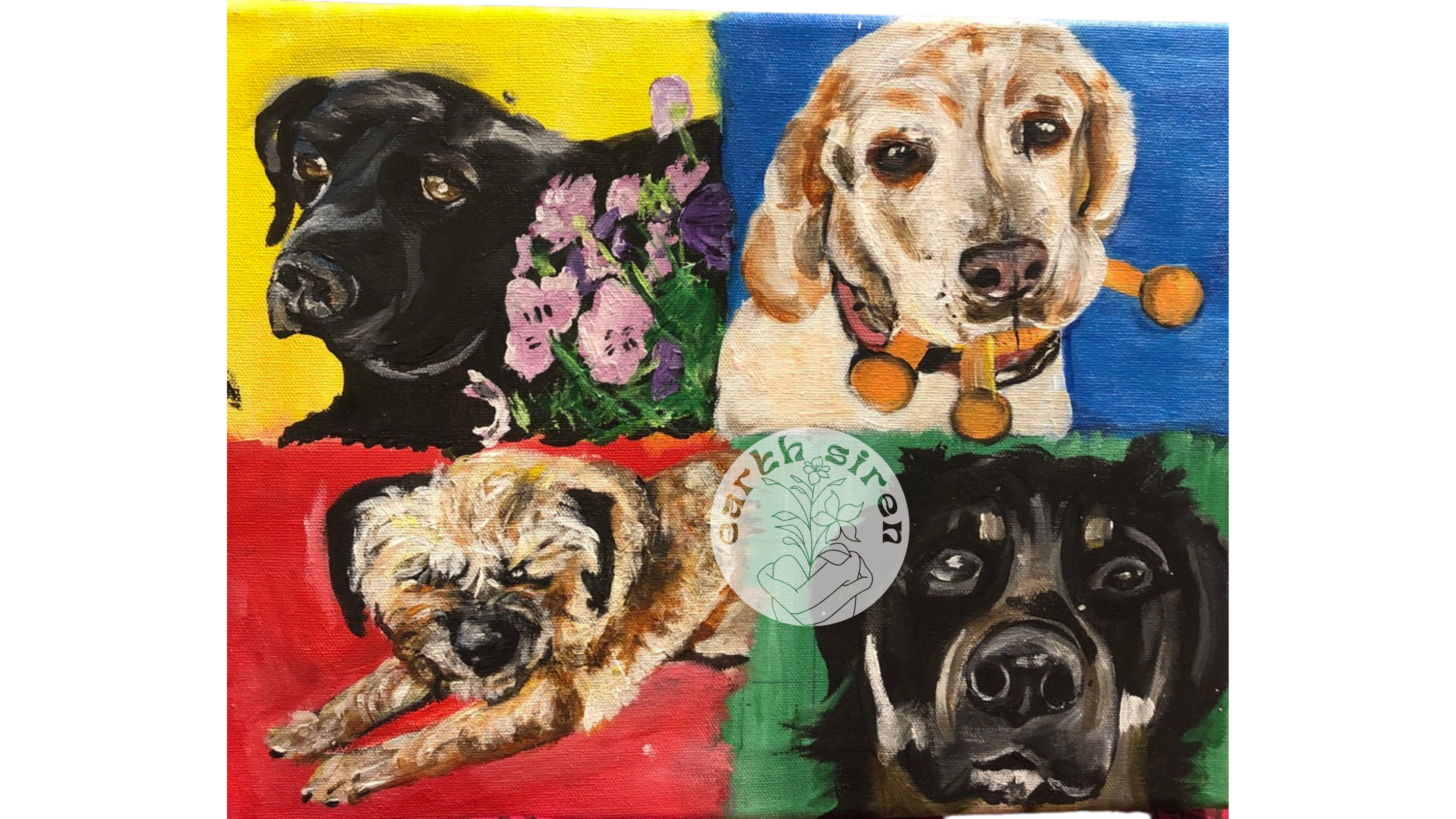 Acrylic painting by Elizabeth Schirk for The Earth Siren featuring four expressive dogs against bold red, yellow, blue, and green backgrounds. Custom pet portrait artwork