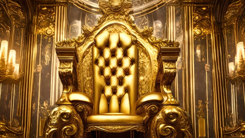 An ornate gold throne sits empty in a grand, cathedral-like interior, illuminated by warm light with no one present, symbolizing power, completion, and departure.