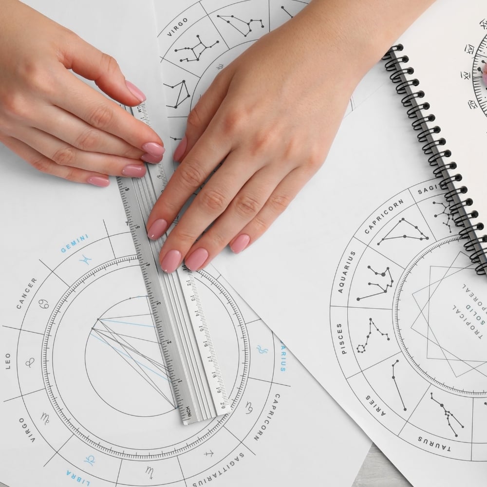 Astrology charts spread on a desk with a ruler used to measure chart degrees Earth Siren Astrology Readings Astrology charts spread on a desk with a ruler used to measure chart degrees Earth Siren Astrology Readings
