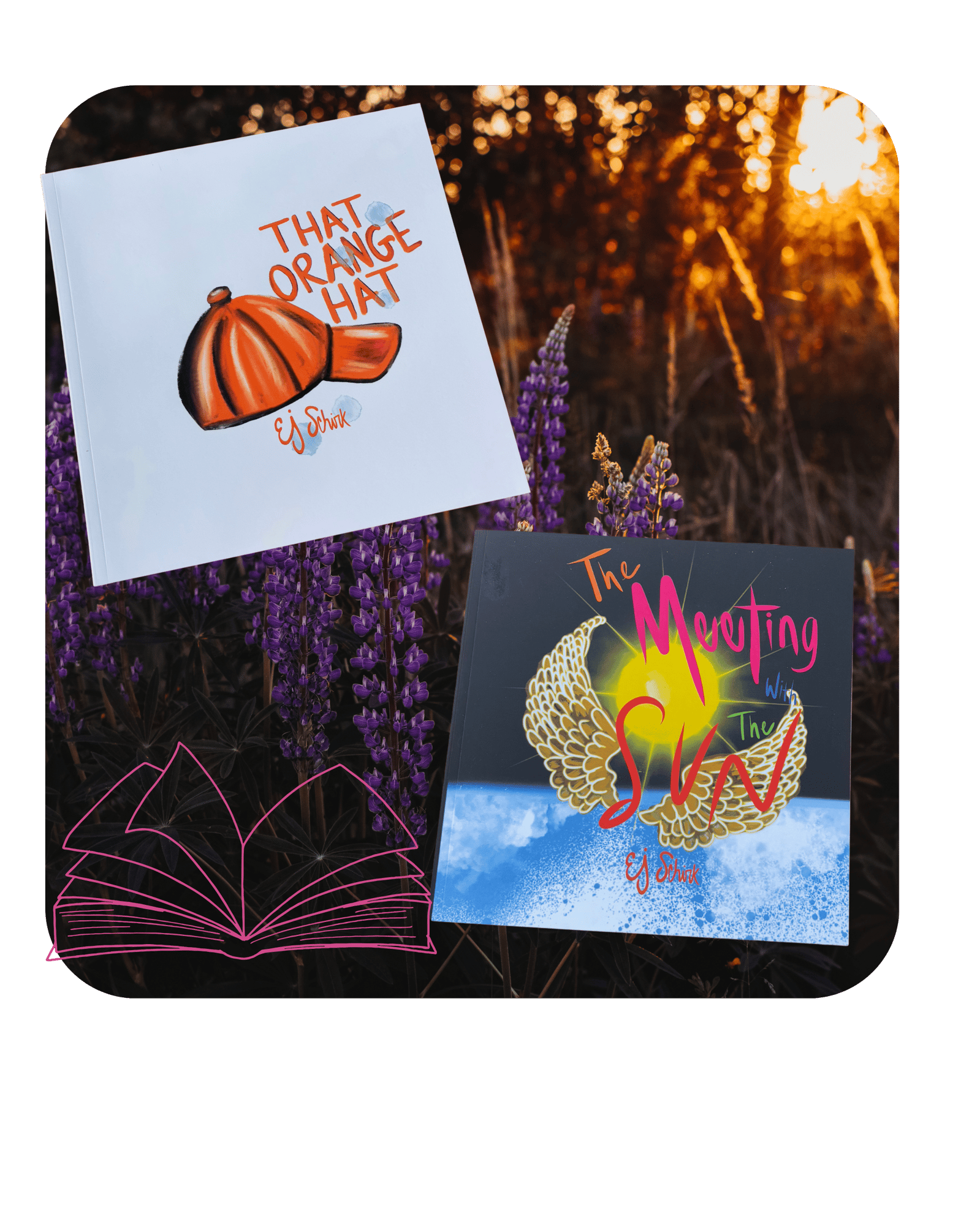 Children’s books That Orange Hat and The Meeting with the Sun by Elizabeth Schirk, shown side by side in a natural outdoor setting