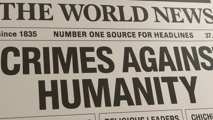 Newspaper headline reading "Crimes against humanity!” featured in an Earth Siren article about reacting to headlines through birth chart houses.33