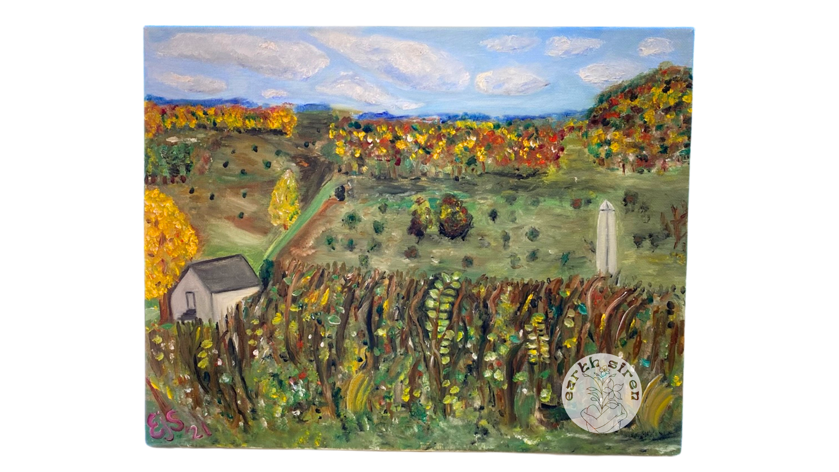 Oil landscape painting by Elizabeth Schirk for The Earth Siren of Valley Forge National Park in peak autumn, featuring golden trees, winding paths, and historic farmland