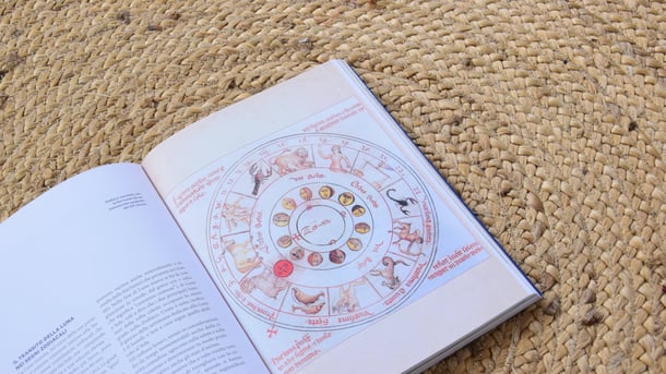 Open astrology textbook displaying a historical zodiac chart used for symbolic and structural interpretation