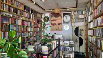 Overstuffed bookstore with floor to ceiling shelves, vinyl records, and posters at a 3rd house astrology party hosted by Mercury