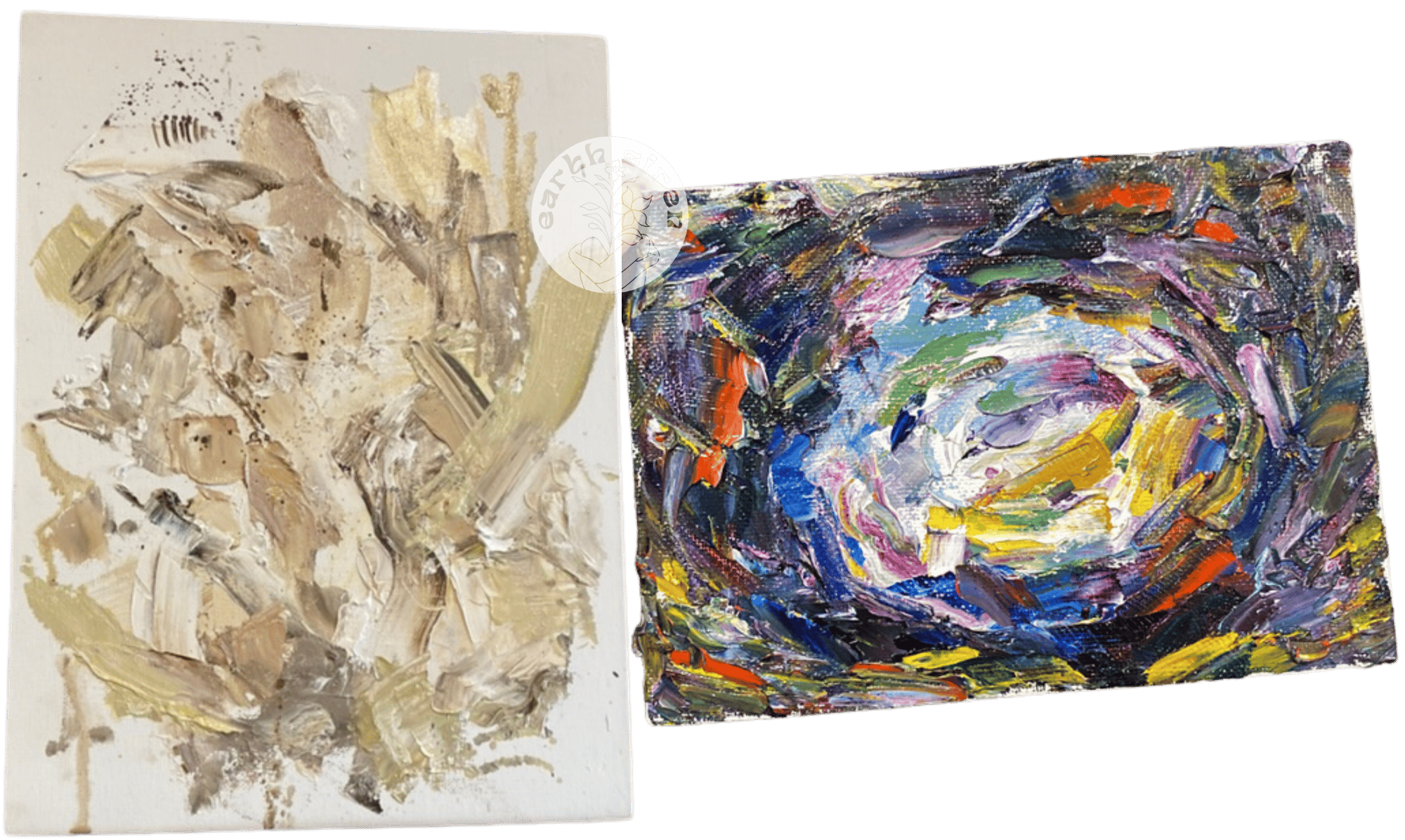 Two abstract oil paintings by Elizabeth Schirk for The Earth Siren. One in soft, neutral earth tones evoking grounding energy; the other in swirling purples and brights, representing a cosmic portal or chakra activation Two abstract oil paintings by Elizabeth Schirk for The Earth Siren. One in soft, neutral earth tones evoking grounding energy; the other in swirling purples and brights, representing a cosmic portal or chakra activation