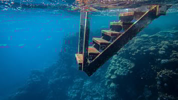 Underwater staircase descending into open water, continuing without a visible endpoint.