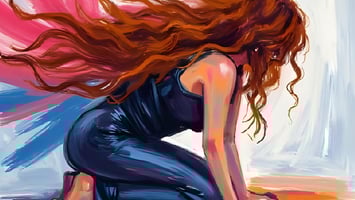 A fiery-haired woman kneels in a moment of surrender and power, surrounded by flowing strokes of red, pink, and blue paint. Her form reflects the emotional cost of creation.
