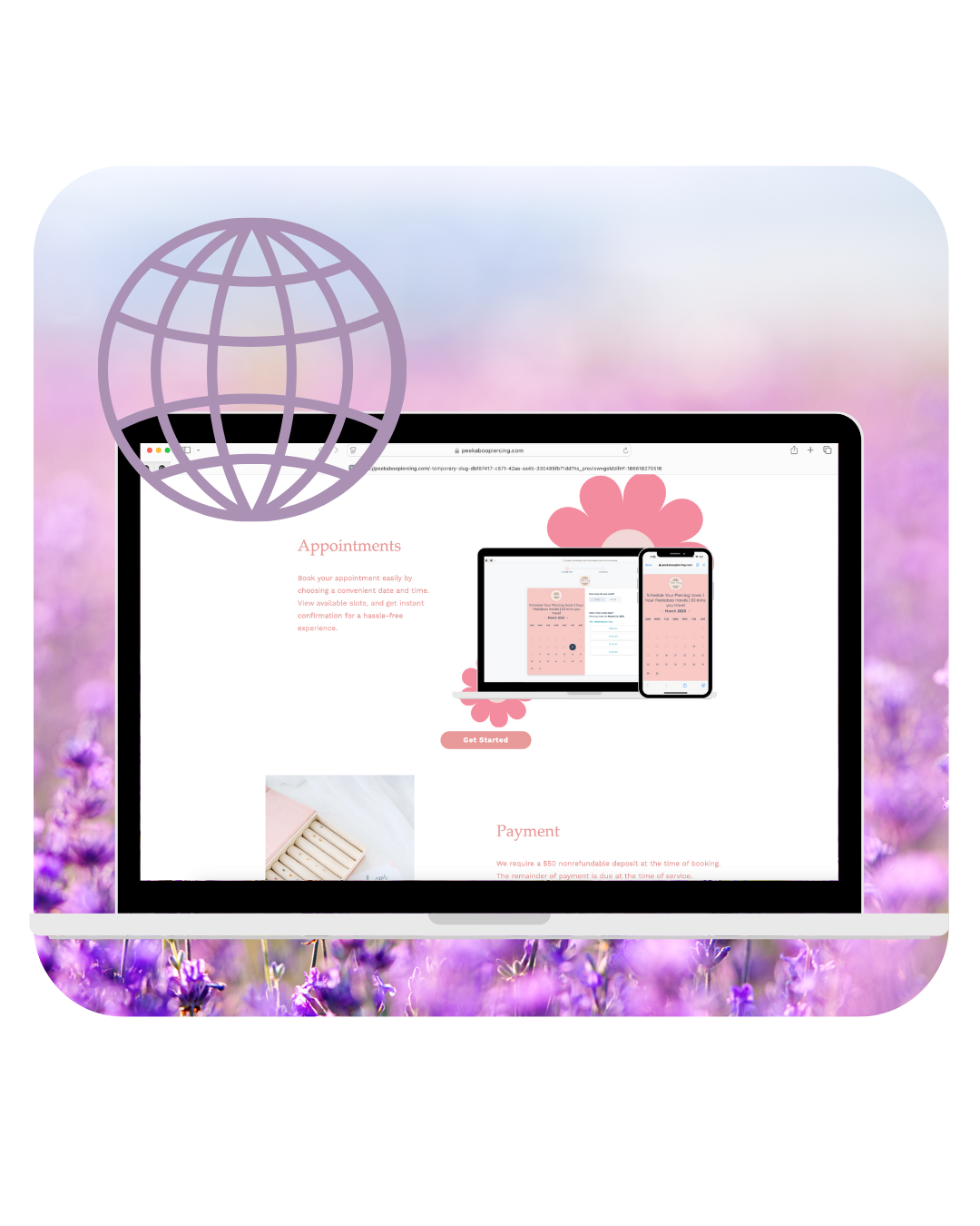 Laptop and mobile screen showing a client booking interface for website consulting services, with a lavender background. Laptop and mobile screen showing a client booking interface for website consulting services, with a lavender background.