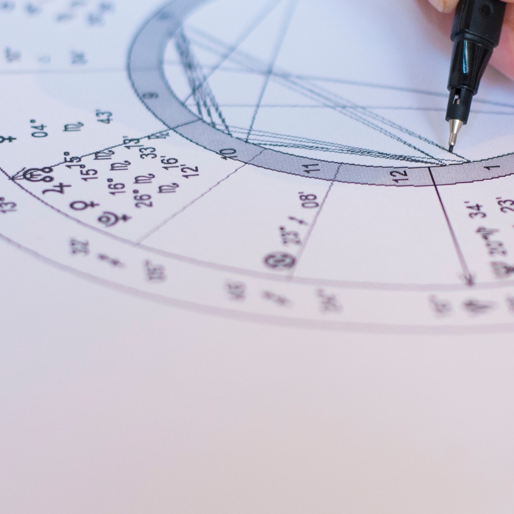 Close-up of an astrology chart as a pen marks specific points and aspect lines earth Siren