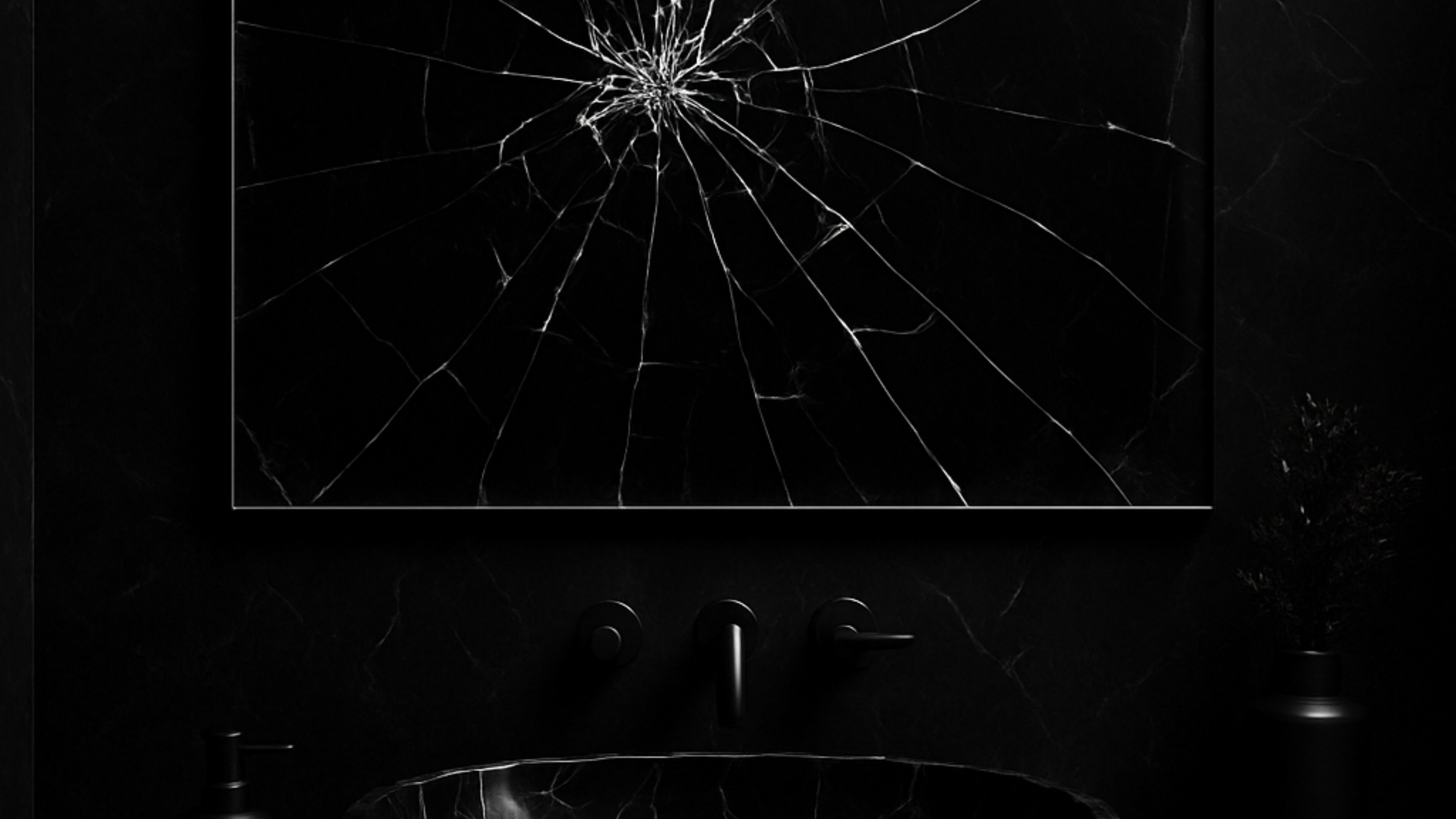Cracked bathroom mirror with a central fracture radiating across dark glass, symbolizing mental breakdown and structural collapse during Mercury retrograde.