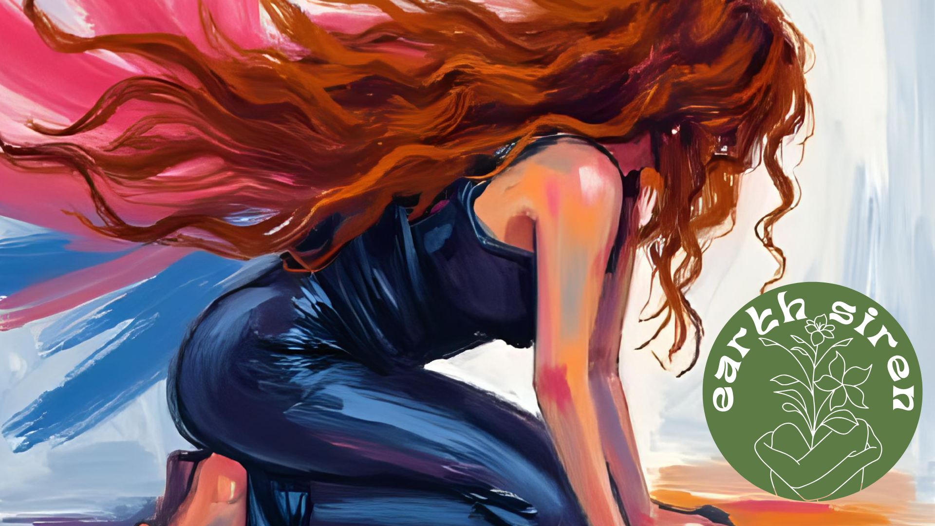 A fiery-haired woman kneels in a moment of surrender and power, surrounded by flowing strokes of red, pink, and blue paint. Her form reflects the emotional cost of creation. Includes Earth Siren logo. Keywords: creative burnout, emotional expression.