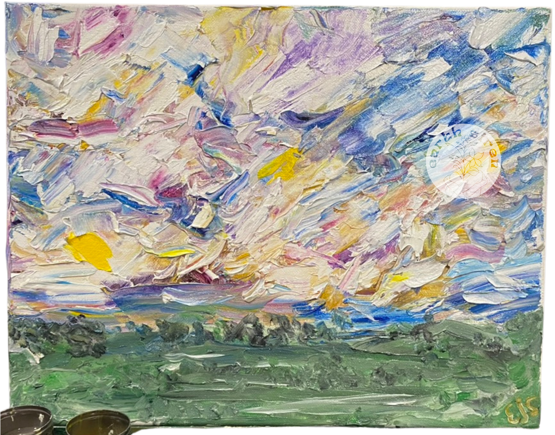 Oil painting by Elizabeth Schirk for The Earth Siren featuring an expressive, energetic sky with vibrant strokes of pink, yellow, and violet over a grounded green horizon. Abstract energy field in nature Oil painting by Elizabeth Schirk for The Earth Siren featuring an expressive, energetic sky with vibrant strokes of pink, yellow, and violet over a grounded green horizon. Abstract energy field in nature
