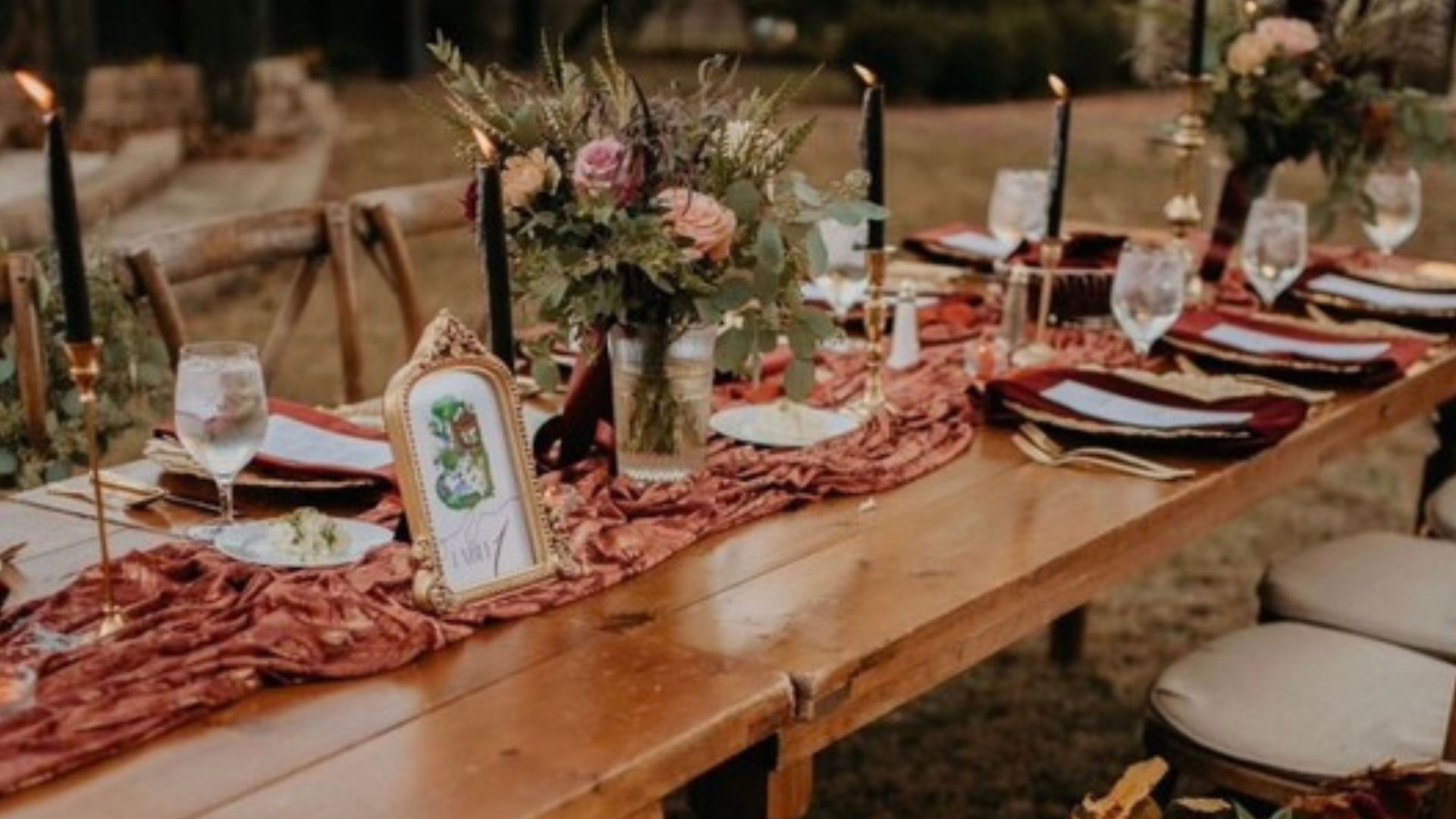 Styled wedding table with floral centerpieces, black candles, and framed digital art table signs created by Elizabeth Schirk for The Earth Siren Styled wedding table with floral centerpieces, black candles, and framed digital art table signs created by Elizabeth Schirk for The Earth Siren