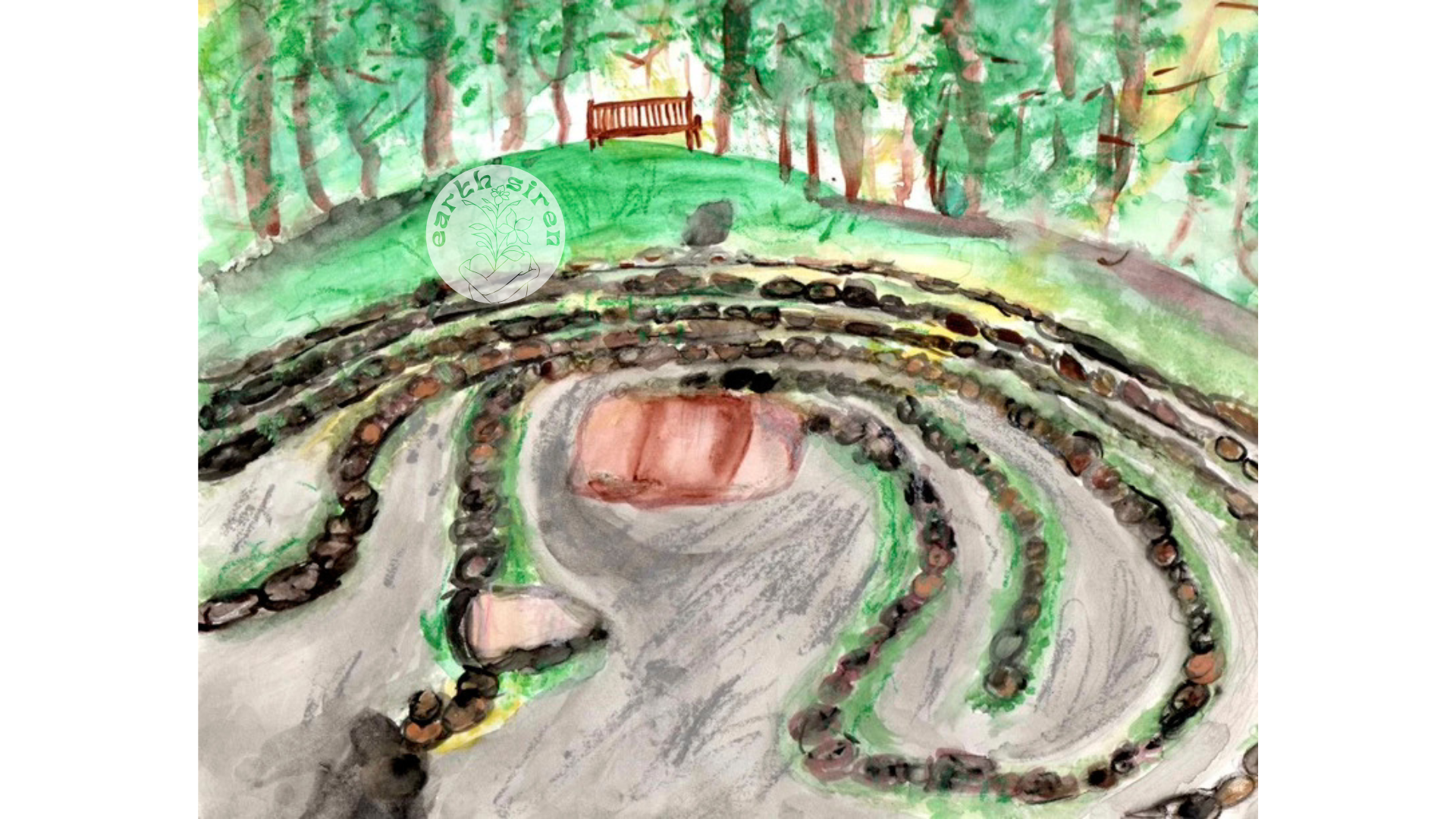 Watercolor painting by Elizabeth Schirk for The Earth Siren of the stone labyrinth at Columcille Megalith Park, featuring a forest path, wooden bench, and lush green trees Watercolor painting by Elizabeth Schirk for The Earth Siren of the stone labyrinth at Columcille Megalith Park, featuring a forest path, wooden bench, and lush green trees