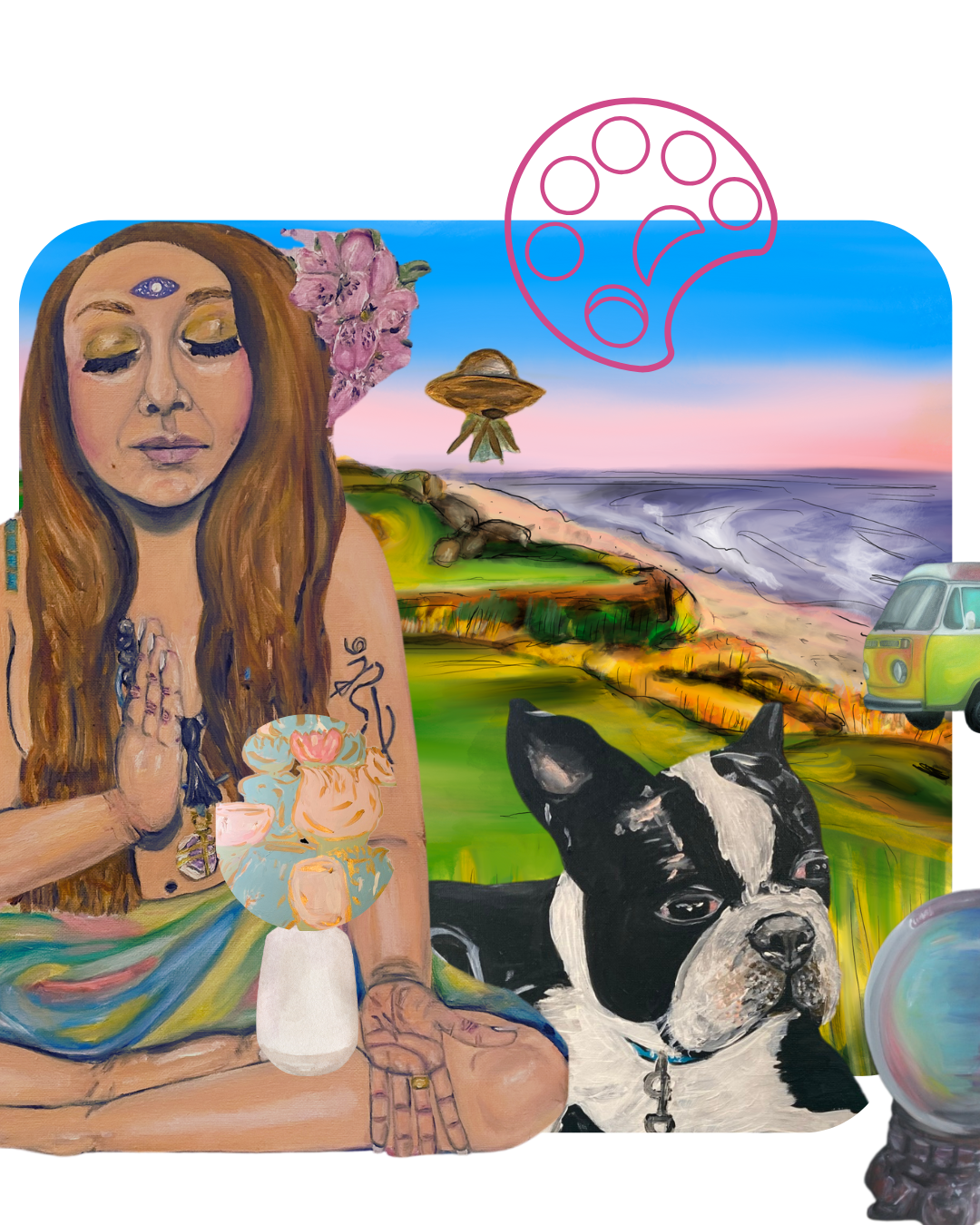 Paintings by Elizabeth Schirk featuring a meditating woman, a Boston terrier, a sunflower, and a spiritual landscape in the background. Paintings by Elizabeth Schirk featuring a meditating woman, a Boston terrier, a sunflower, and a spiritual landscape in the background.